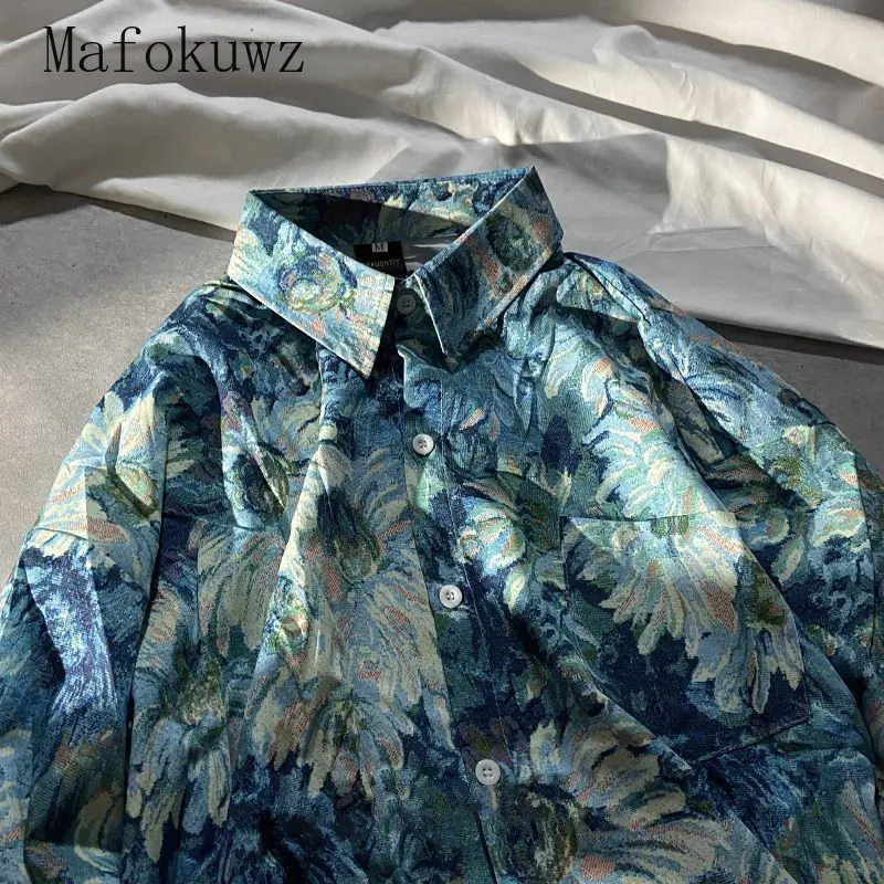 Mafokuwz Couple Oil Painting Floral Long-sleeved Shirt Japan Retro Loose Vintage Unisex 2023 Spring Autumn Trend Highhstreet Top