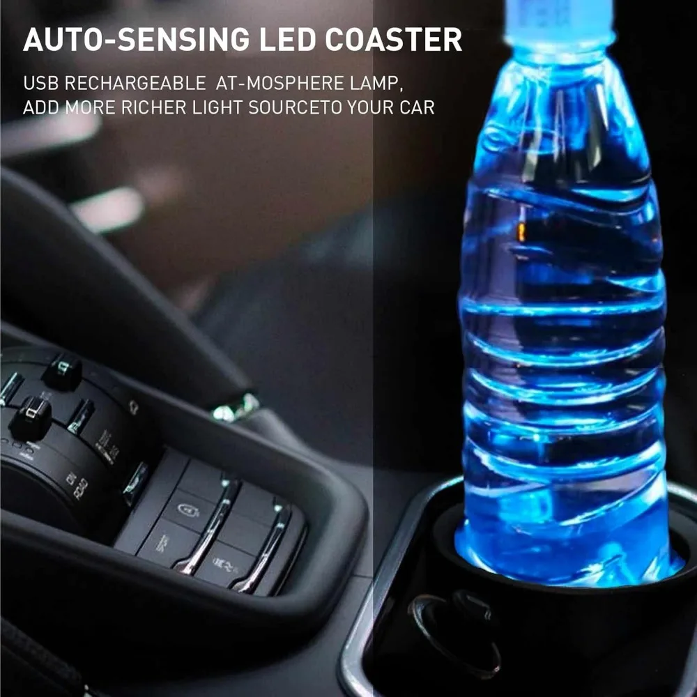 2PCS LED Cup Holder Lights for Car,Rechargeable 7 Color-Changing Light Up Cup Holder Insert Coasters,Car Decor Accessories