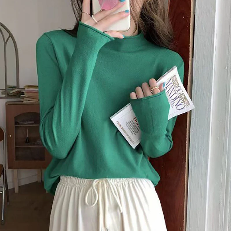 

Autumn Female Hot Sale Comfortable T-shirt Girls Classic Fashion Pullover Knitted Tops Lady Korean Solid Daily Clothes
