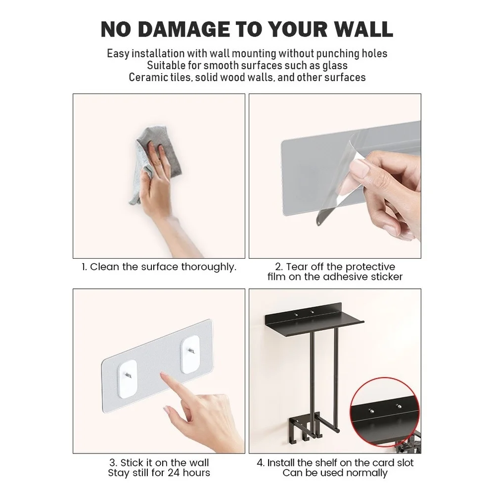 No Hole Towel Rack 2 Tier Black Iron Wall Mount for Bathroom Smooth Surfaces 34x16x7.5cm Rustproof Load 10kg Modern Style