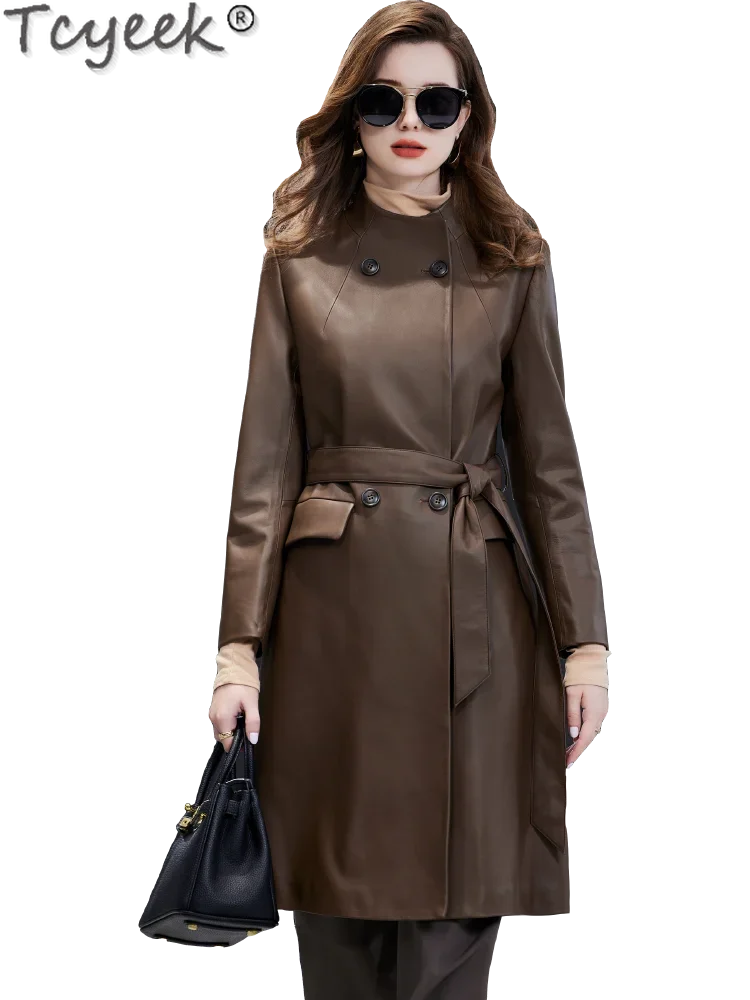 Tcyeek jaqueta de couro real feminina elegante casacos de pele de carneiro natural 2024 comprimento médio trench coat mulher roupas de inverno jaqueta cou