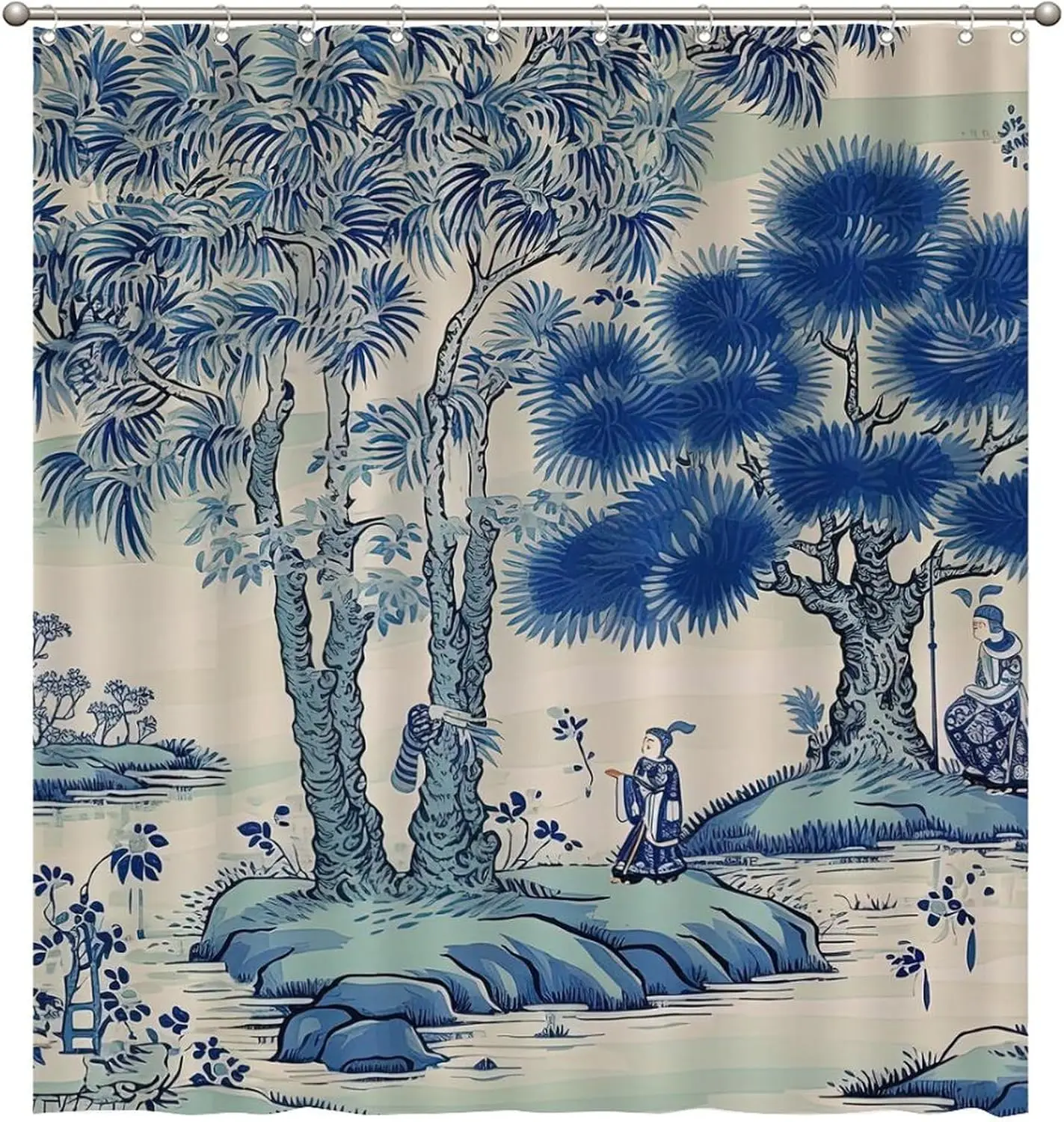 

Shower Curtain Blue and Green Scenic Chinoiserie Polyester Bathroom Bathtub Curtain Asian Dynasty Garden Bath Curtain Chinoiseri