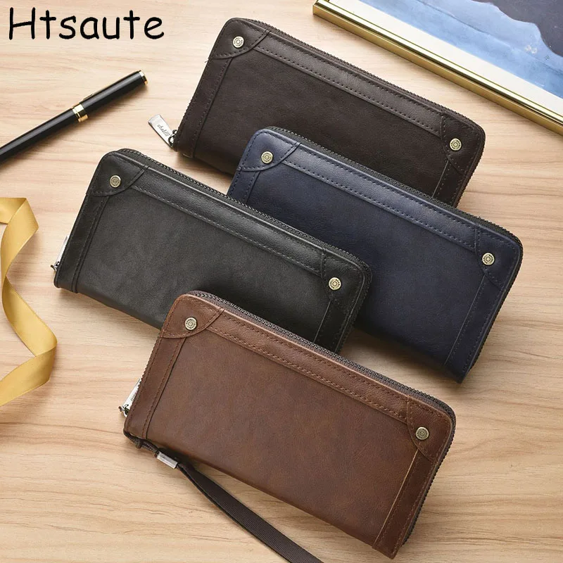 

New Men's PU Leather Long Section Wallets With Zipper Coin Pocket Vintage Big Capacity Male Money Bag Purse Card Holder Hasp