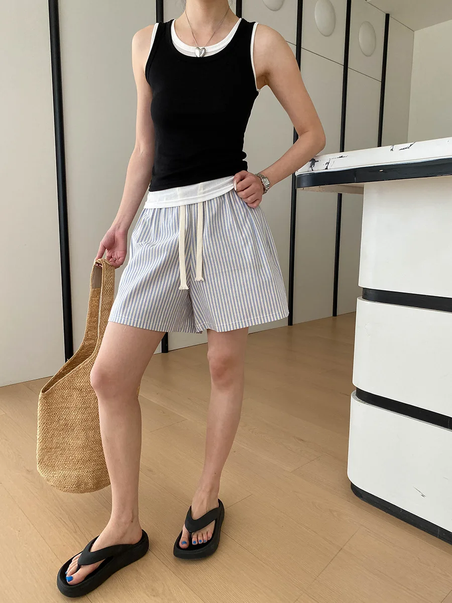 Sommerliches, lässiges, einfarbiges, kontrastfarbenes, zweiteiliges Tanktop mit Rundhalsausschnitt und schmaler Passform für Damen – Detail 22