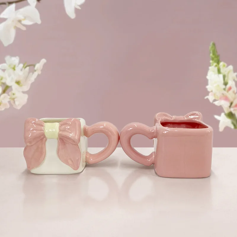 Girly heart bow coffee cup afternoon tea ceramic cup cute three-dimensional mug gift home decoration