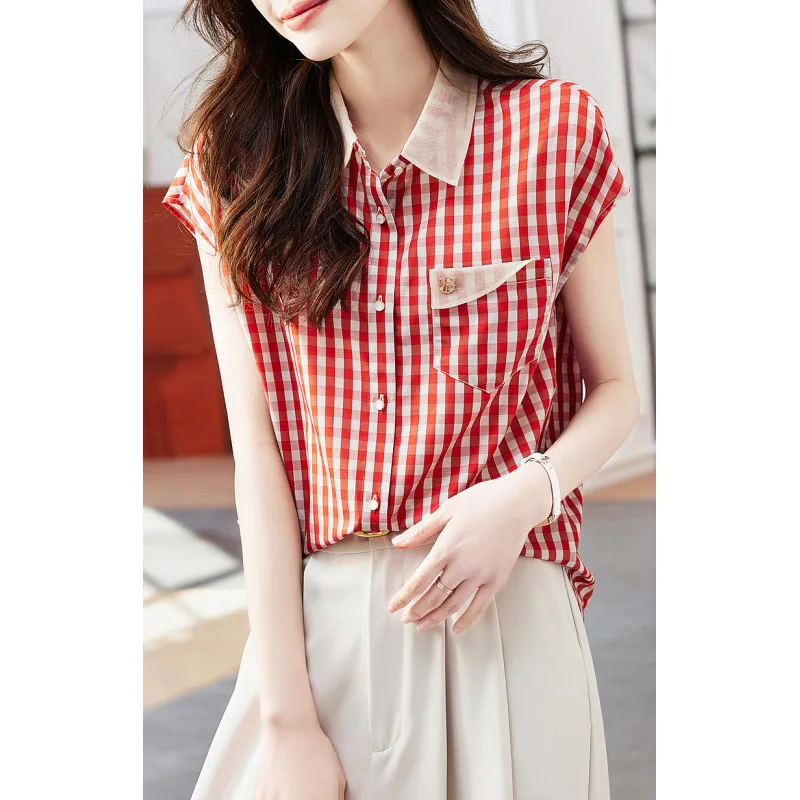 2024 New Women\'s Summer Korean Version Turn-down Collar Button Contrast Color Plaid Fashion Casual Short Sleeve Shirt Tops