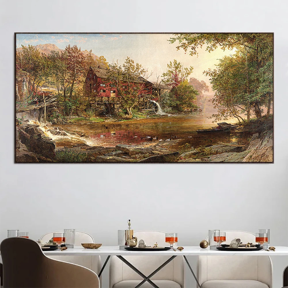 Serene Watermill by the Stream Canvas Painting Classical Wall Art Print Poster Decorative Pictures for Living Room