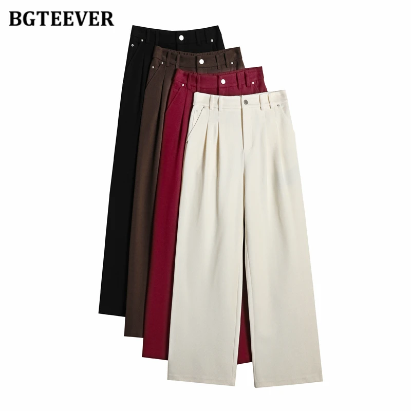 BGTEEVER Autumn Winter Cotton Velvet Pants for Women Thick Fleece Warmer Wide Leg Trousers Female High Waist Ladies Long  Pants