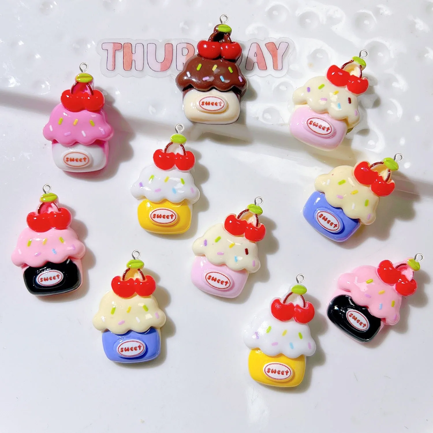 10Pcs Cute Cherry Cake Resin Charms Food Small Pendants for DIY Jewelry Making Earrings Necklace Keychain Clothing Accessories