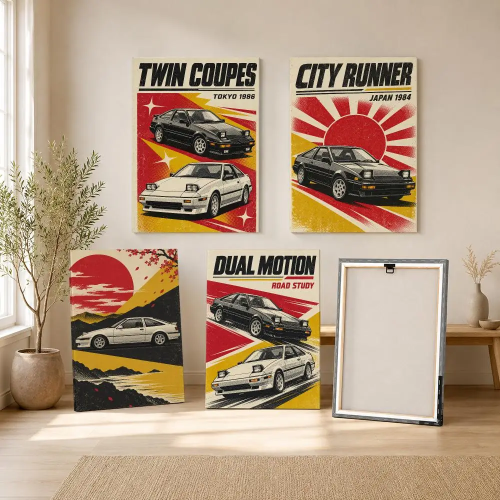 Retro Twin Coupes Painting Calligraphy Framed Canvas Wall Art Print | Modern Poster | Home Hallway Decor