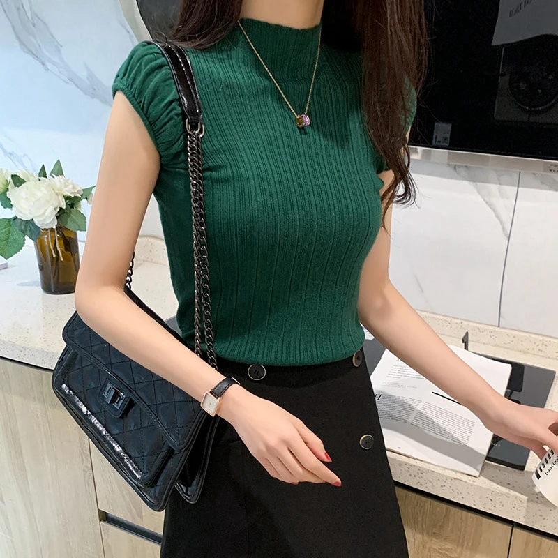 New Knitted Women Tanks Korean Folds Slim Half High Collar Female Pullover Elegant Office Sleeveless Ladies Casual Tops