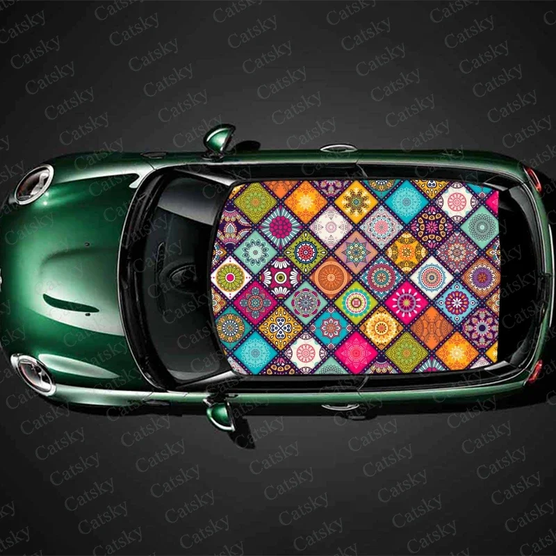 Colorful Ethnic Tiles Pattern Car Roof Sticker Wrap Racing SUV Accessories Packaging Painted PVC Custom Car Graphic Decal