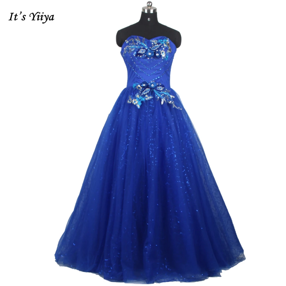 

It's Yiiya Evening Dress Royal Blue Strapless Appliques Ball Gown Pleat Floor Length Plus size Lace up Women Party Dress A1829