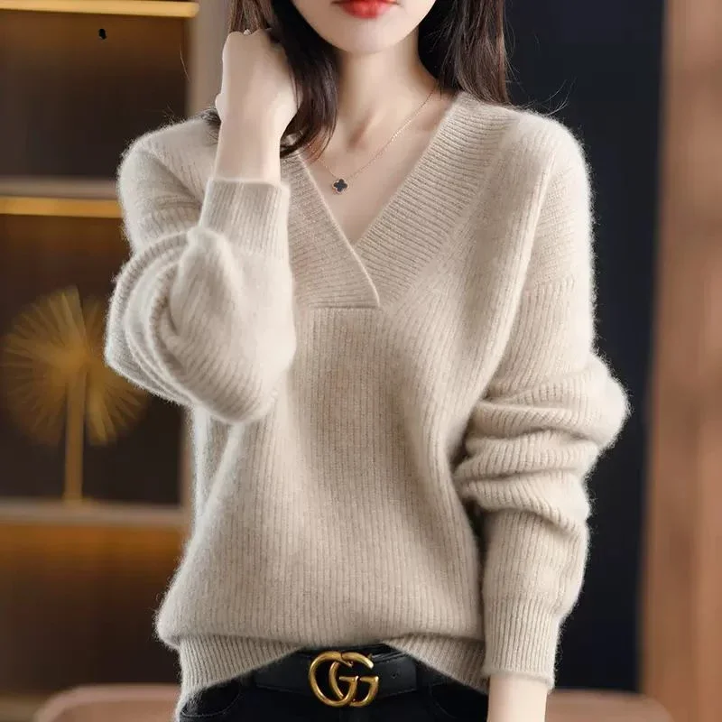 

Autumn Winter New Solid Color Sweater Woman V-Neck Pullover Casual Knitted Tops Female Clothing Bottoming Basic Sweater Jumpers