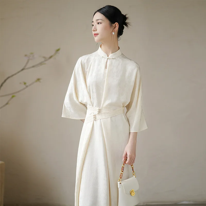 

Yourqipao Autumn Apricot Improved Cheongsam Stand Collar Waist Belt Retro Fashion Qipao Chinese Style Evening Dress for Women