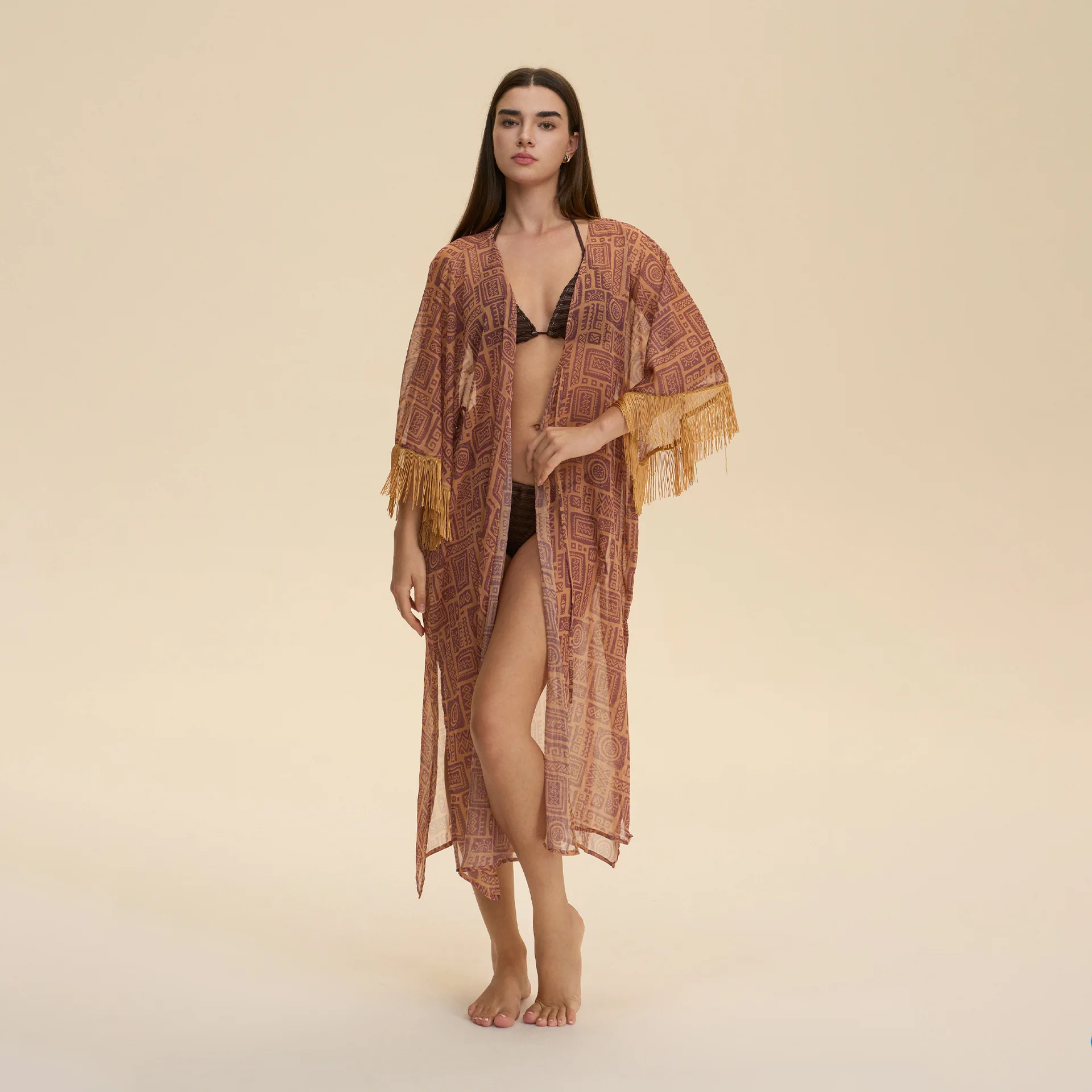 Tassle Cuff Mesh Print Flower Robe Nightgown Chiffon Sleepwear Kimono Bathrobe Sunscreen Cardigan Sexy Beach Bikini Cover Robe