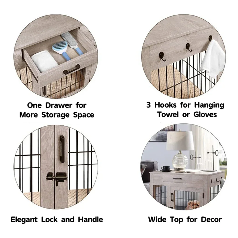 Decorative Pet Kennle Modern Pet House Furniture Indoor Double Doors Dog Crate Wooden Wire Kennel End Table