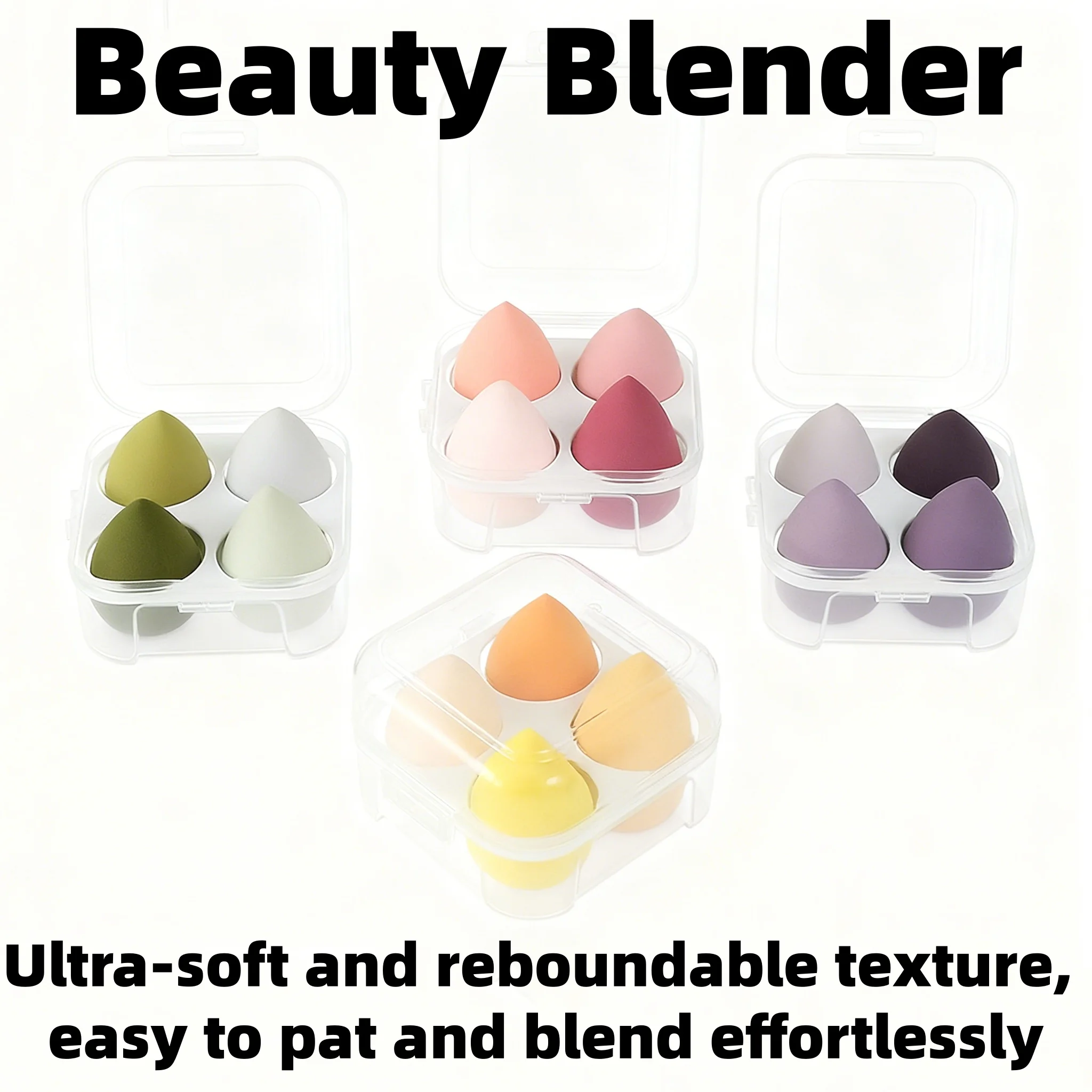 YS00279-Ensemble d'éponges de maquillage multicolores – 4 pièces en carton d'œufs, double usage (humide et sec) |   Maquillage Essentia