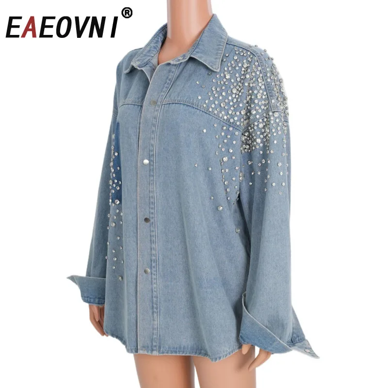 

EAEOVNI Bule Denim Shirt For Women Fashion Lapel Diamonds Spliced Design Streetwear Blouse Coat Casual 2025 New Clothing