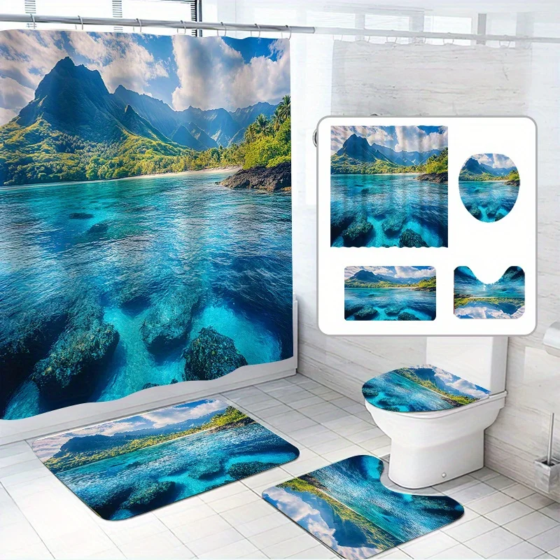 

4 шт., набор занавесок для душа с художественным пейзажем, чистое озеро, дальние горы и облака, в комплект входит 12 крючков, водонепроницаемый полиэстер