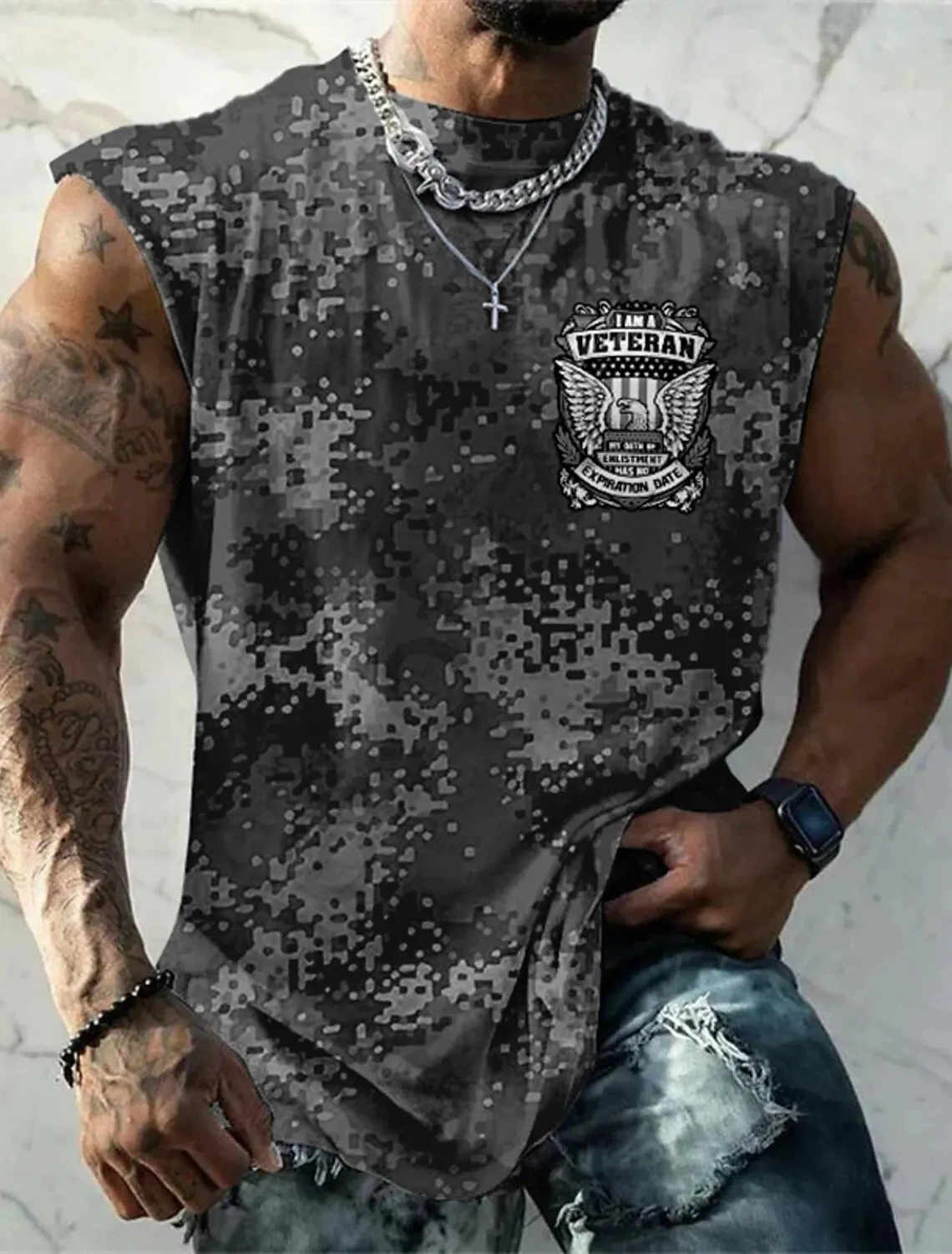 Military Style Men Tank Tops Camouflage Print O-Neck Sleeveless Oversized Summer Vests Vacation Fitness Casual Men Clothing