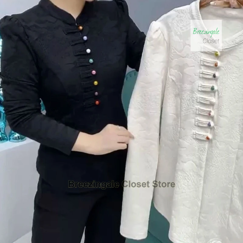 New Chinese style shirt fashion button-down top women's summer new stand-up collar slim retro long-sleeved national style