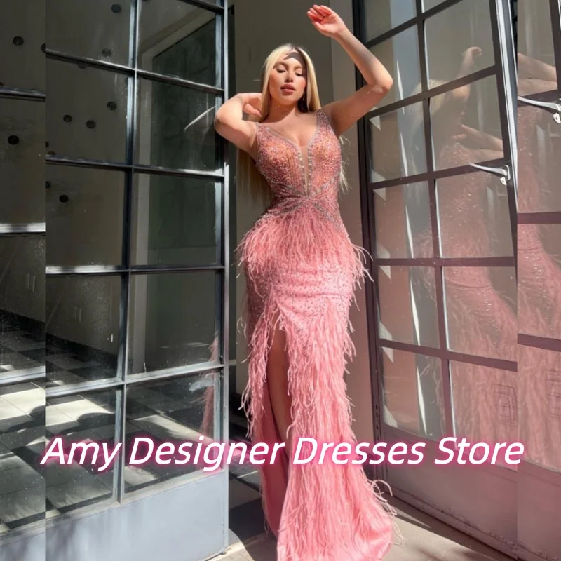 

Luxurious Pink Feather Evening Dress With High Split Exquisite Beaded Prom Dresses Wedding Party Dress Dinner Gowns Customized