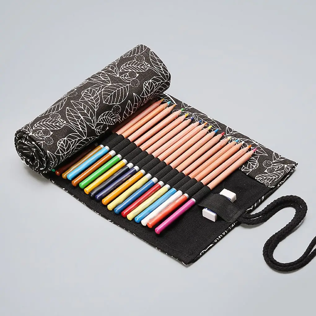 Zwart Wit Bladeren Gedrukt Patroon Oprollen Kwast Canvas Case Wrap Schetsen Tekening Pen Tas Etui 12-24 Gaten