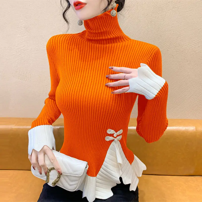 Autumn Winter New Slim Patchwork Slit Hem Pullovers Top Contrast Pleated Elegant Sweaters Fashion Temperament Women Clothing