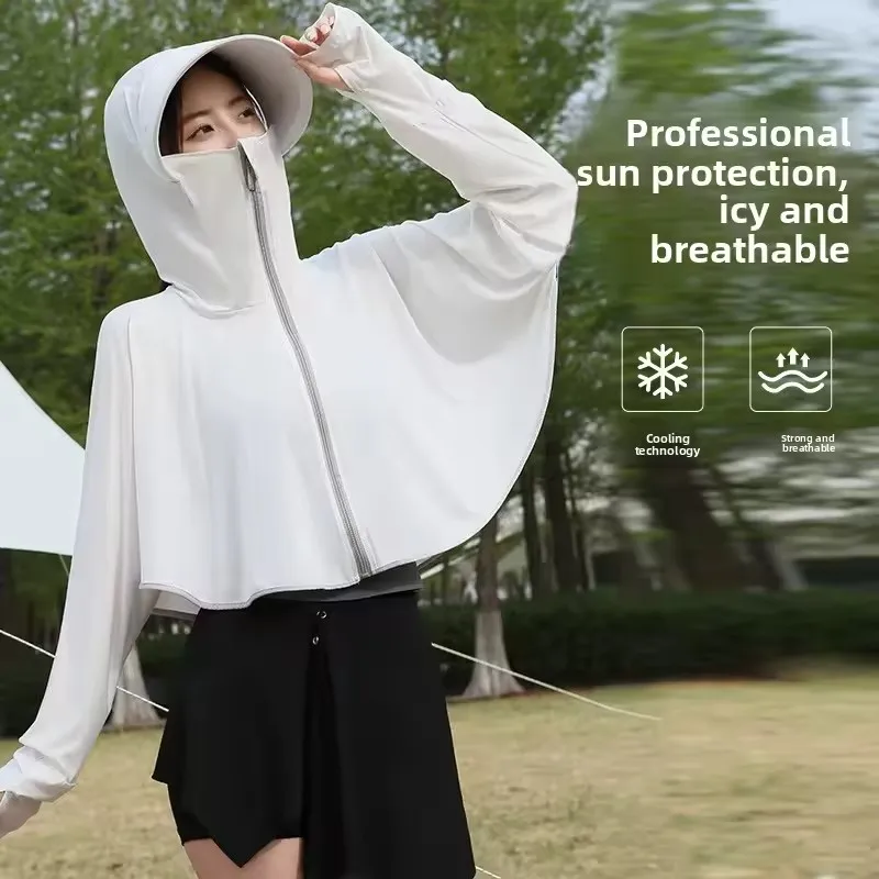 Ice Silk Sun Protection Hooded Top Women Cape Style Fully Covered Breathable Sun Protection Clothing Outdoor Leisure Daily Wear