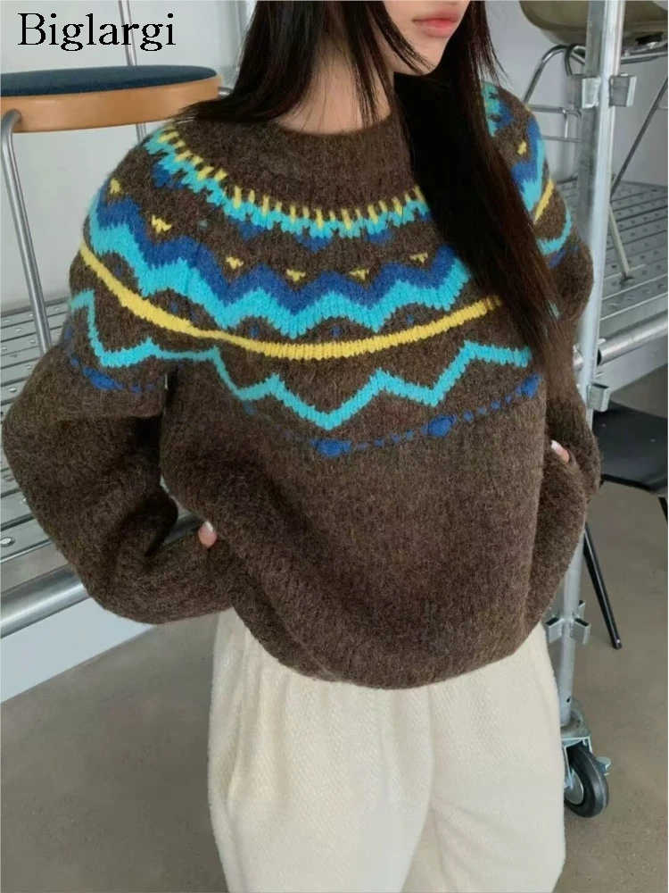 

Knitted Autumn Winter Pullover Sweater Women Striped Floral Print Modis Casual Ladies Sweaters Korean Style Loose Woman Sweaters