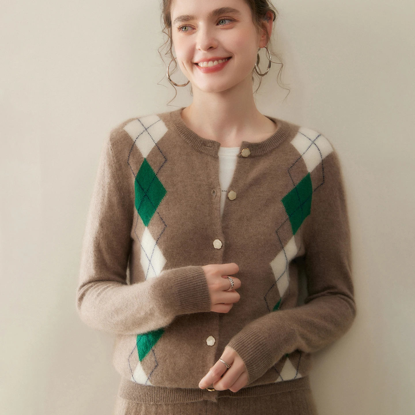 New Women's 100% Cashmere Classic Check Cardigan Casual Retro Sweater Comfortable Versatile Autumn Winter Knitwear Outerwear