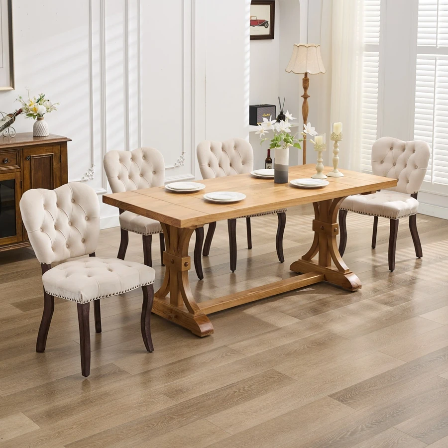 French Retro Dining Table, Tufted Fabric Dining Chair Set, Solid Wood Legs And Feet Are Safe And Reliable (Two Chairs)