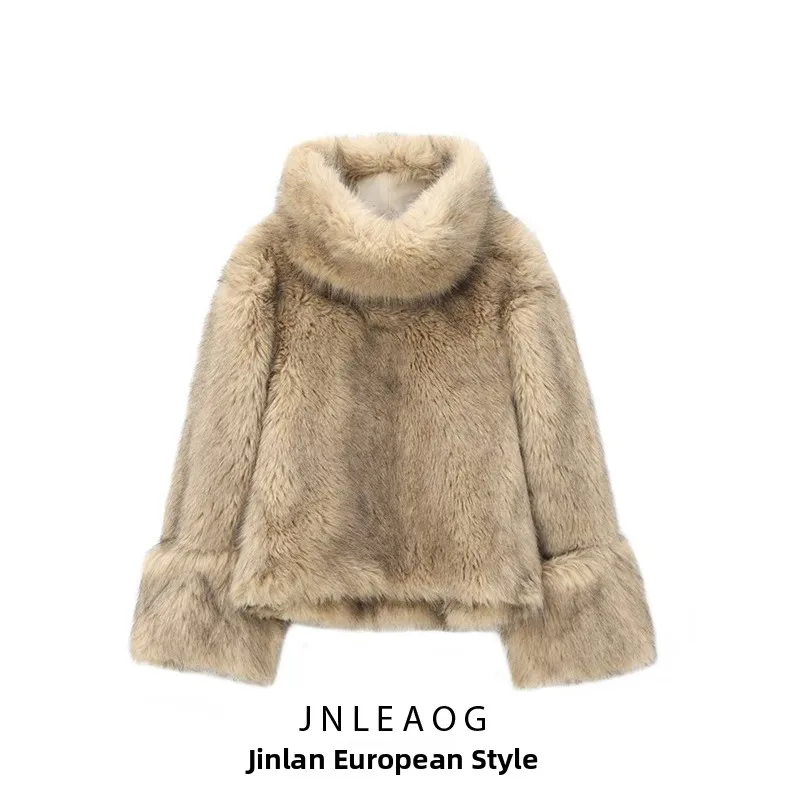 

JNLEAOG, осенний новый женский дизайнерский свитшот с эффектом искусственного меха, свободный крой, длинный свек, с высоким воротником, уличный Sle ort