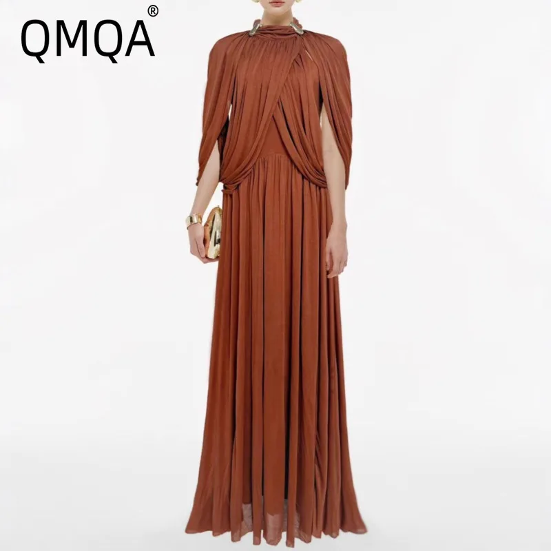 QMQA Fashion Women's Elegant Pleated Dresses Stand Collar Spliced Button Solid Color High Waist Slimming Dress 2026 New QM1021
