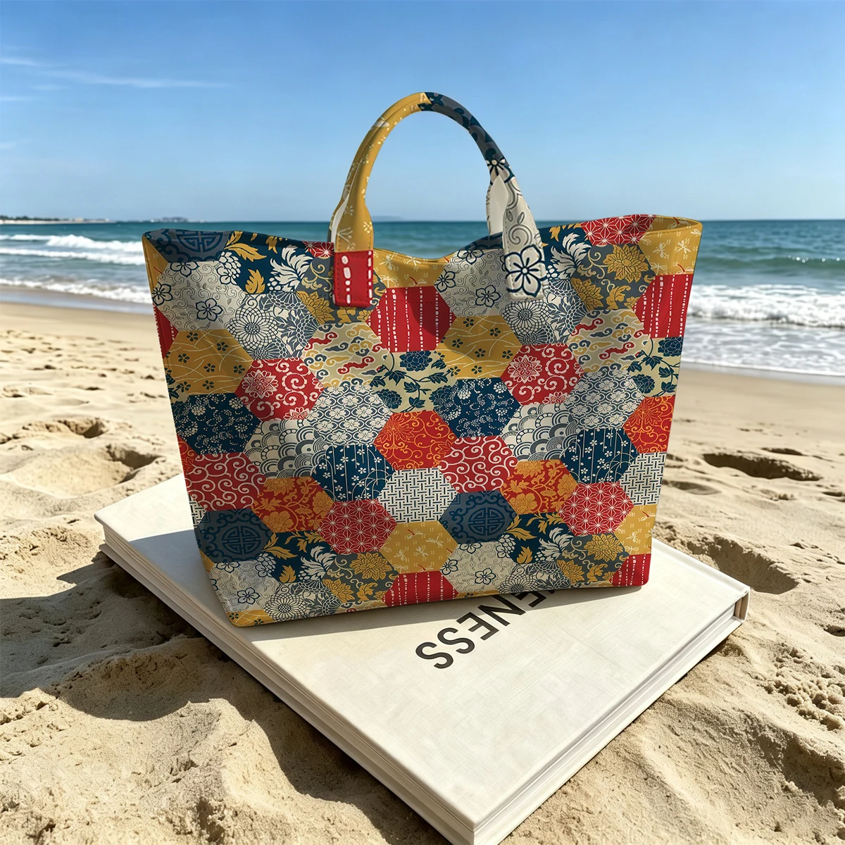 Hexagon Patchwork Cute Large Glossy PVC Tote Bag Hand Washable Lightweight Soft Great for Travel Commute Makeup Storage Handbags