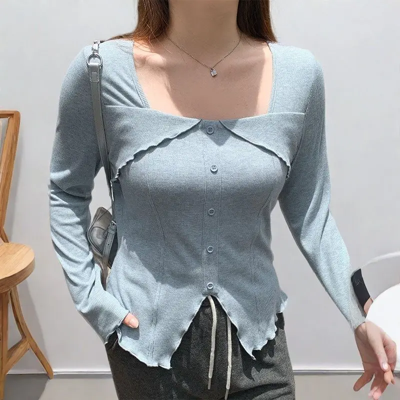 

Fashion Square Collar Spliced Sweet T-Shirts Female Clothing 2025 Spring New Loose Solid Color Korean Tops Chic Tee Shirt