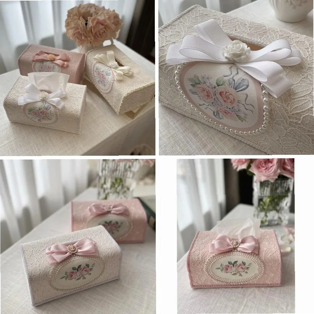 

Элегантная коробка для салфеток с жемчужным бантом и вышивкой, романтическая белая тканевая коробка для хранения для дома, автомобиля, ящика