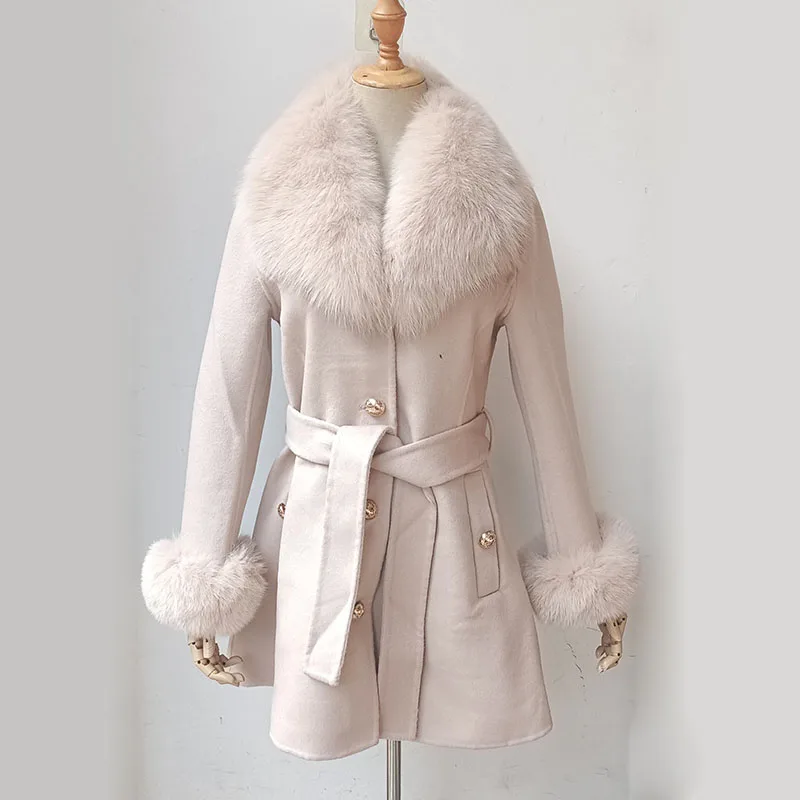 2023 Spring Women Brown Wool Blended Coat With Real Fox Fur Collar With Belt Slim Female Wool Jacket With Genuine Fur Cuff