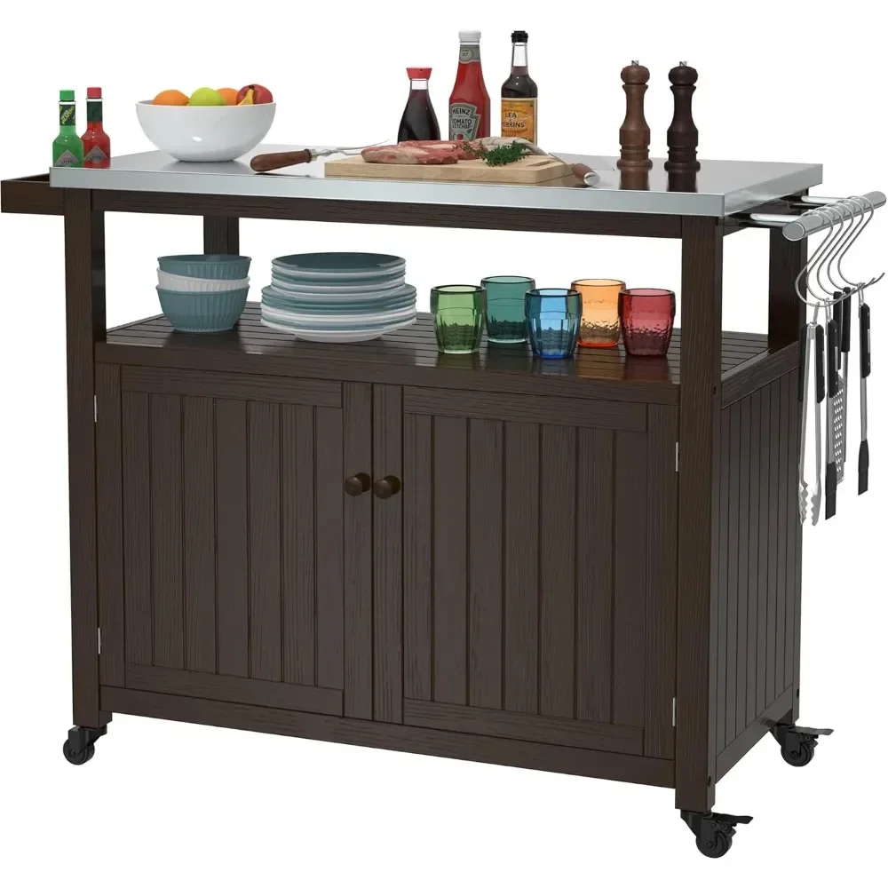 

GDLF Outdoor Storage Cabinet Solid Wood Prep Grill Table With Stainless Steel Top Waterproof Cover Dark Brown