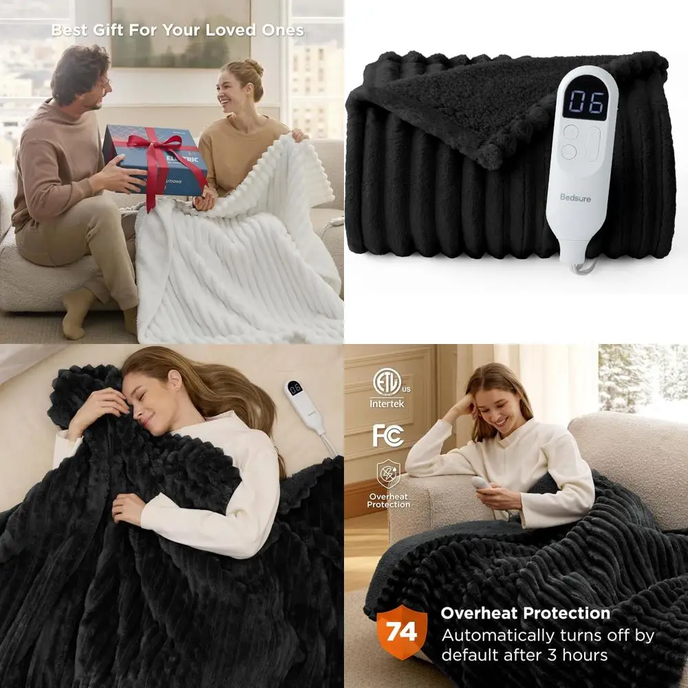 

Thick Striped Flannel Electric Blanket with 4 Timers, 6 Heat Levels, Auto-Off for Grandma (50x60, Black)