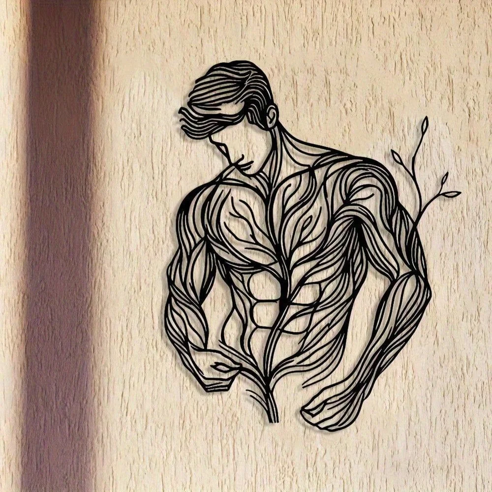 Floral Muscle Man Metal Wall Art Sculpture Black Line Art Waterproof Rustproof Home Room Holiday Decor