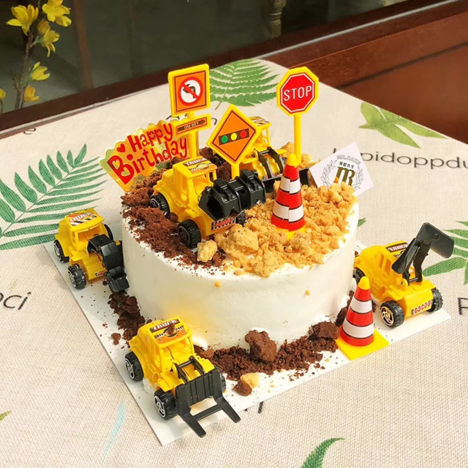 1set Construction Cake Topper Multi Type Excavator Bulldozer Toppers for Boy's Birthday Party Cake Decorations DIY Cake Supply