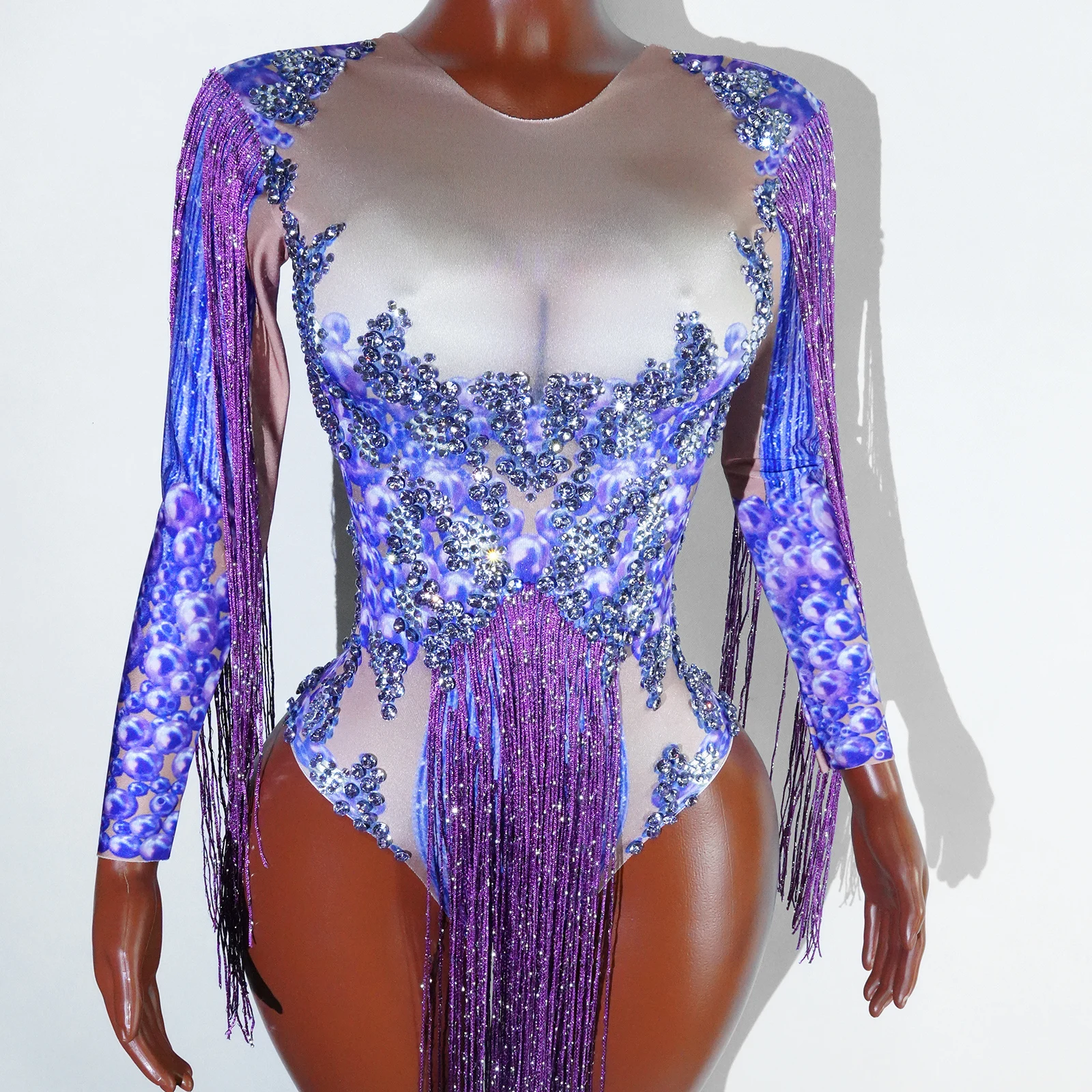 Sparkli Purple Rhinestone Fringed party night Leotard Bodysuit Birthday Party Dance Costume Singer Drag Queen Performance dress