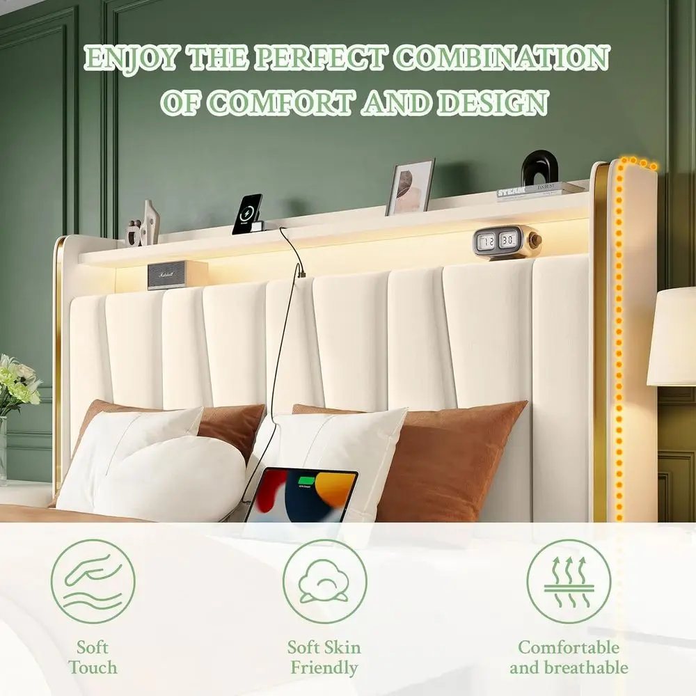 Beige 51 Upholstered Platform Bed with 4 Dustproof Drawers, 2-Tier Storage, Adjustable Panel, Charging Station, LED Lights, Easy