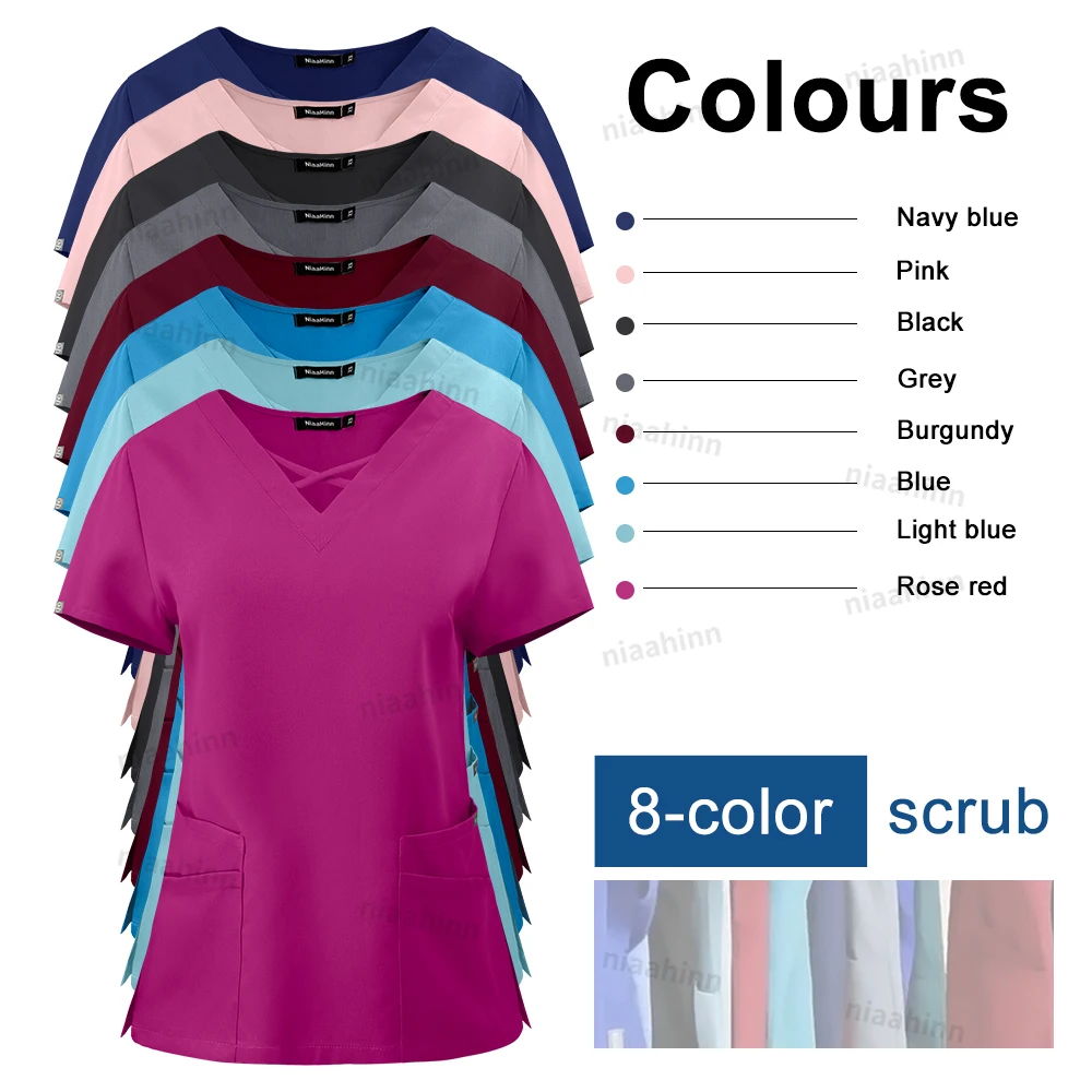 Scrubs Uniforms Nurses Scrub Tops Anti-wrinkle Breathable Work Wear Stretching Scrubs Women with Pockets Short Sleeved Shirt New