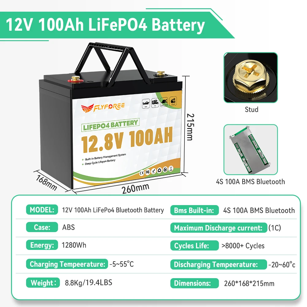 FLLYROWER 12V 100Ah LiFePO4 Battery Pack With Bluetooth 100A BMS 8000+Deep Cycles For RV Solar Trolling Motor camping Solar