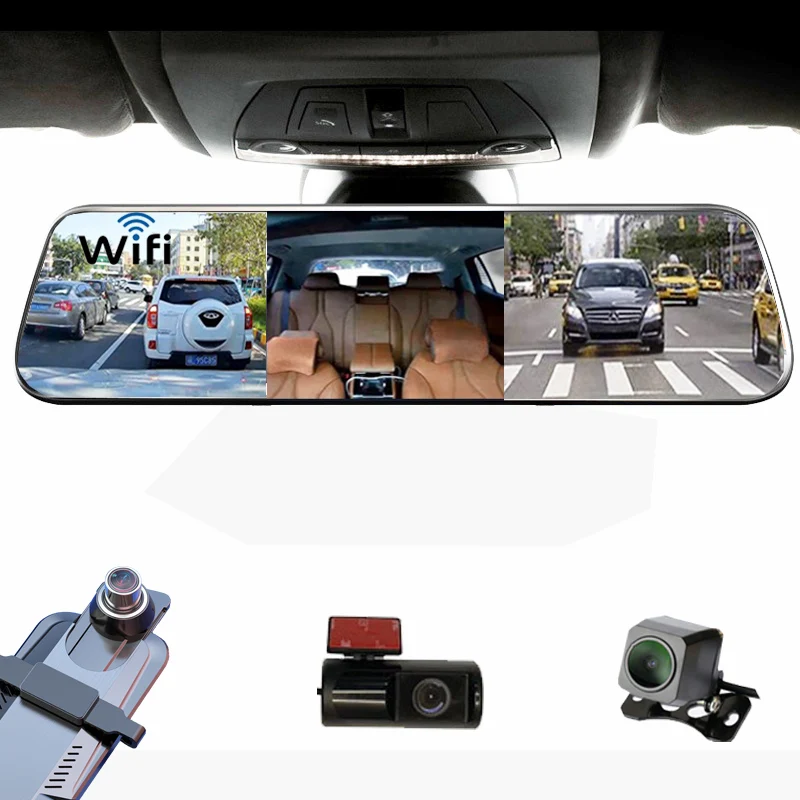 3CH Car Mirror Recorder 3 Channel Cameras Front 1080P Rear Cabin 10inch Touch Screen Dash Cam Night Vis(no GPS)