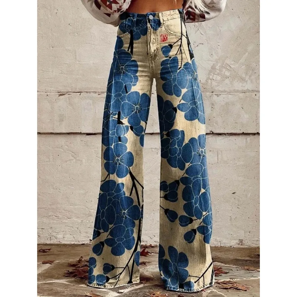 Damen Blaue Orientalische Pflaumenblüten-Druck Hose mit Hoher Taille und Weitem Bein Vintage Blumenmuster Y2K Ästhetik Lose Hose Retro Streetwear – Detail 5