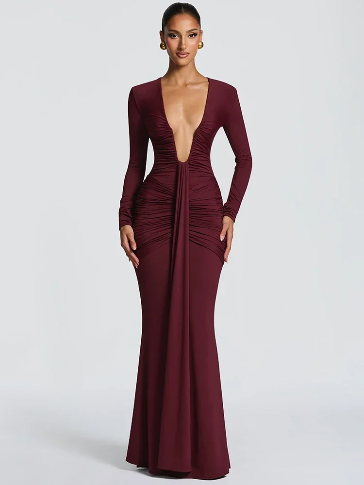 

Deep V Neck Long Sleeve Sexy Maxi Dress Women Gown Spring Elegant Draped Ruched Bodycon Club Party Long Dresses Female